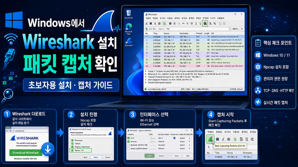 Windows에서 Wireshark 설치 후 패킷 캡처 확인 대표 이미지